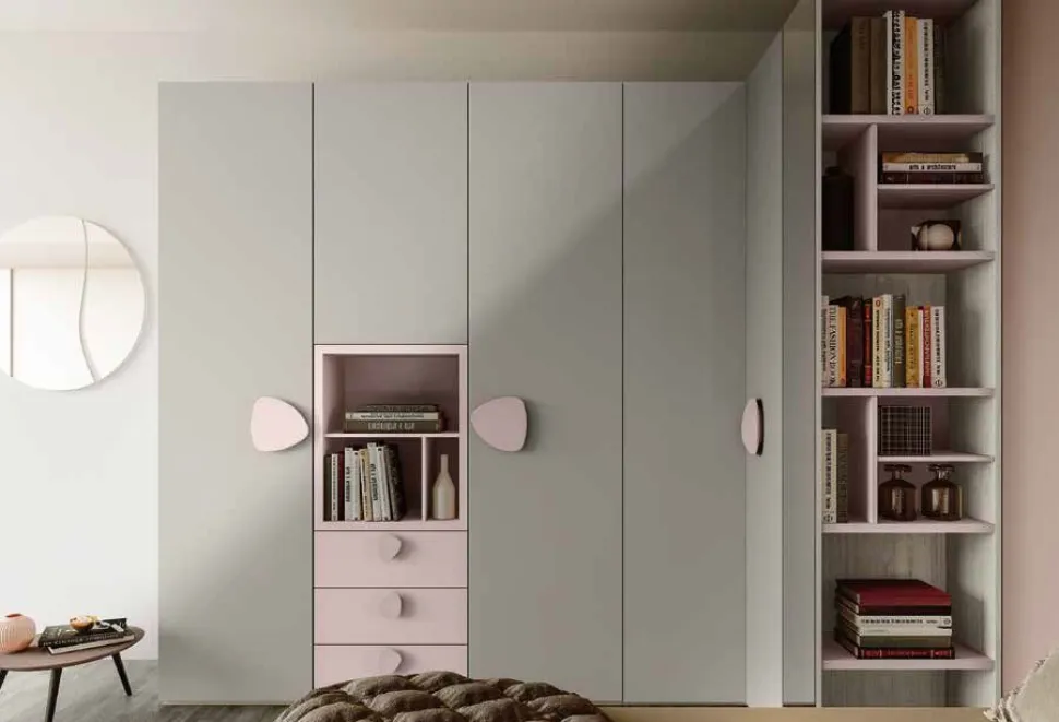Armadio angolare 5 ante con cabina e specchio Grigio seta e Rosa confetto disponibile in 2 misure e vari colori