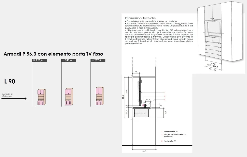 Armadio angolare con ante battenti e vano tv fisso disponibile in 3 misure e vari colori