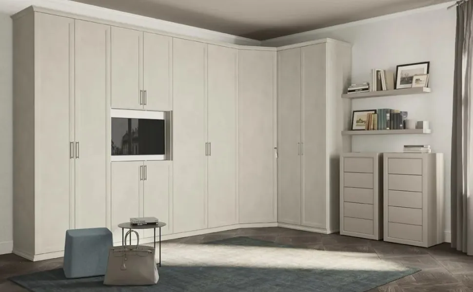 Armadio angolare con vano Tv 11 ante battenti con telaio linea Ginevra disponibile in 2 misure e vari colori