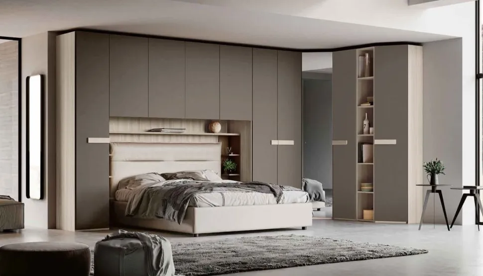 Armadio angolare moderno a ponte con ante battenti e libreria con maniglie in MDF disponibile in 2 misure e vari colori Frida