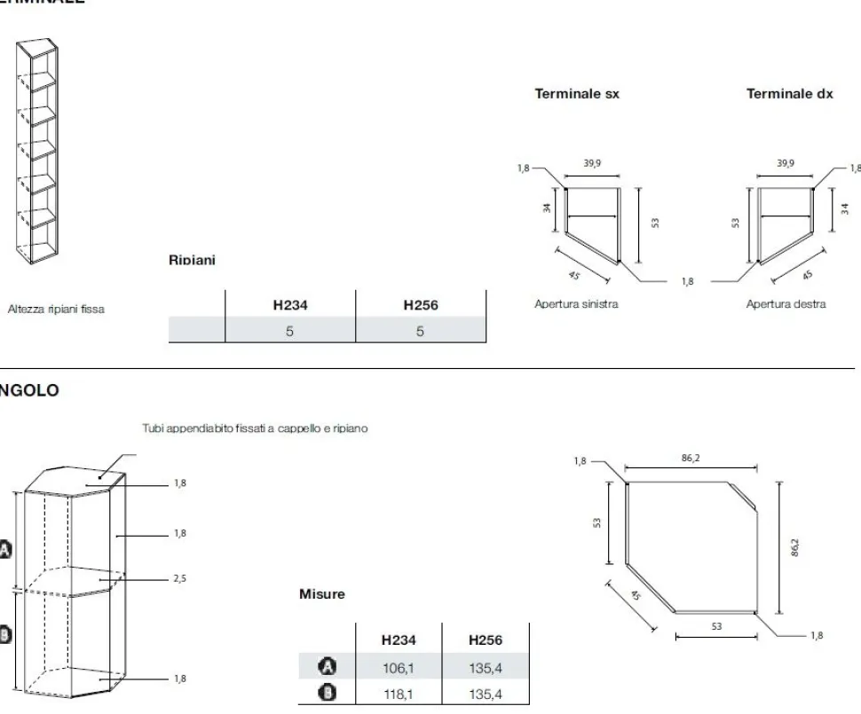 Armadio angolare moderno a ponte con ante battenti e libreria con maniglie in MDF disponibile in 2 misure e vari colori Frida