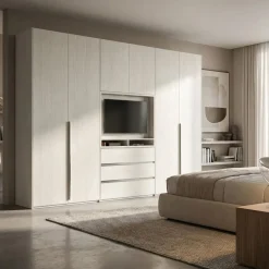 Armadio 6 ante battenti con vano porta tv e 3 cassetti disponibile in 2 misure con maniglia in alluminio verniciato