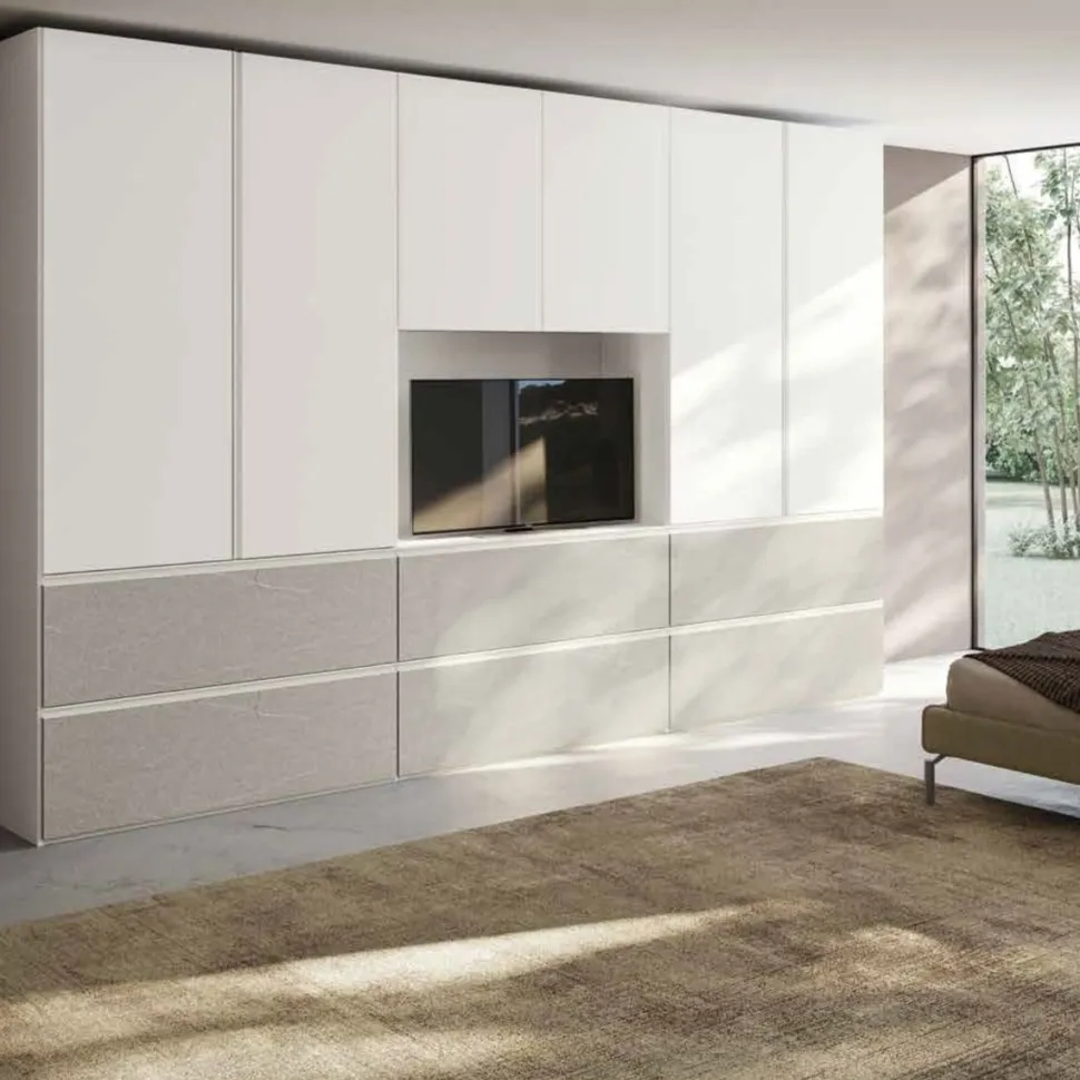 Armadio 6 ante battenti e 6 Cassetti con Vano TV Bianco opaco e Graniglia chiaro disponibile in vari colori