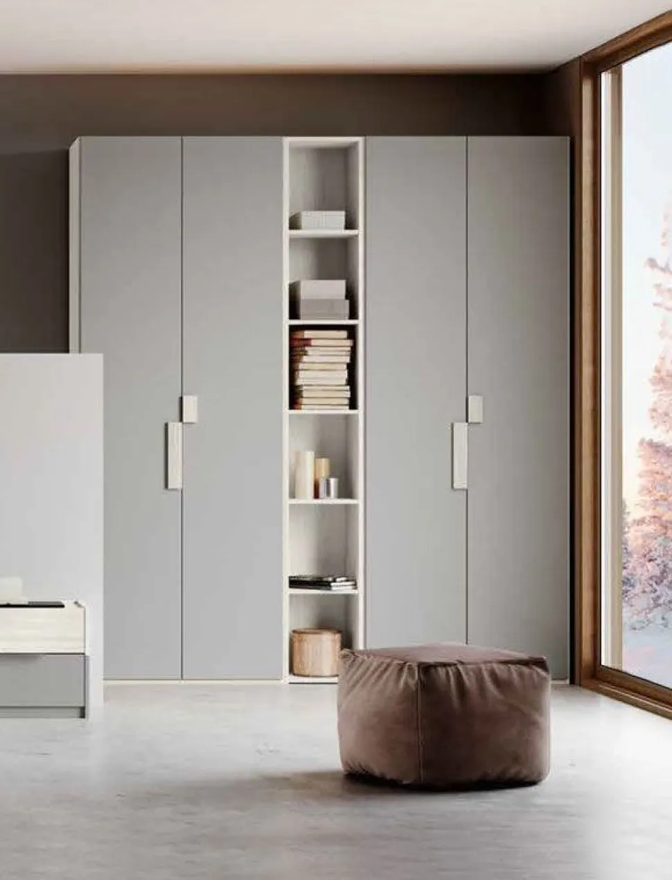 Armadio 4 ante battenti e libreria finitura Orzo e Rovere con maniglia in MDF disponibile in 2 misure e vari colori Fiona linea Bam