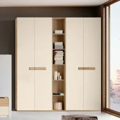Armadio 4 ante battenti e libreria finitura Orzo e Rovere con maniglia in MDF disponibile in 2 misure e vari colori Fiona linea Bam
