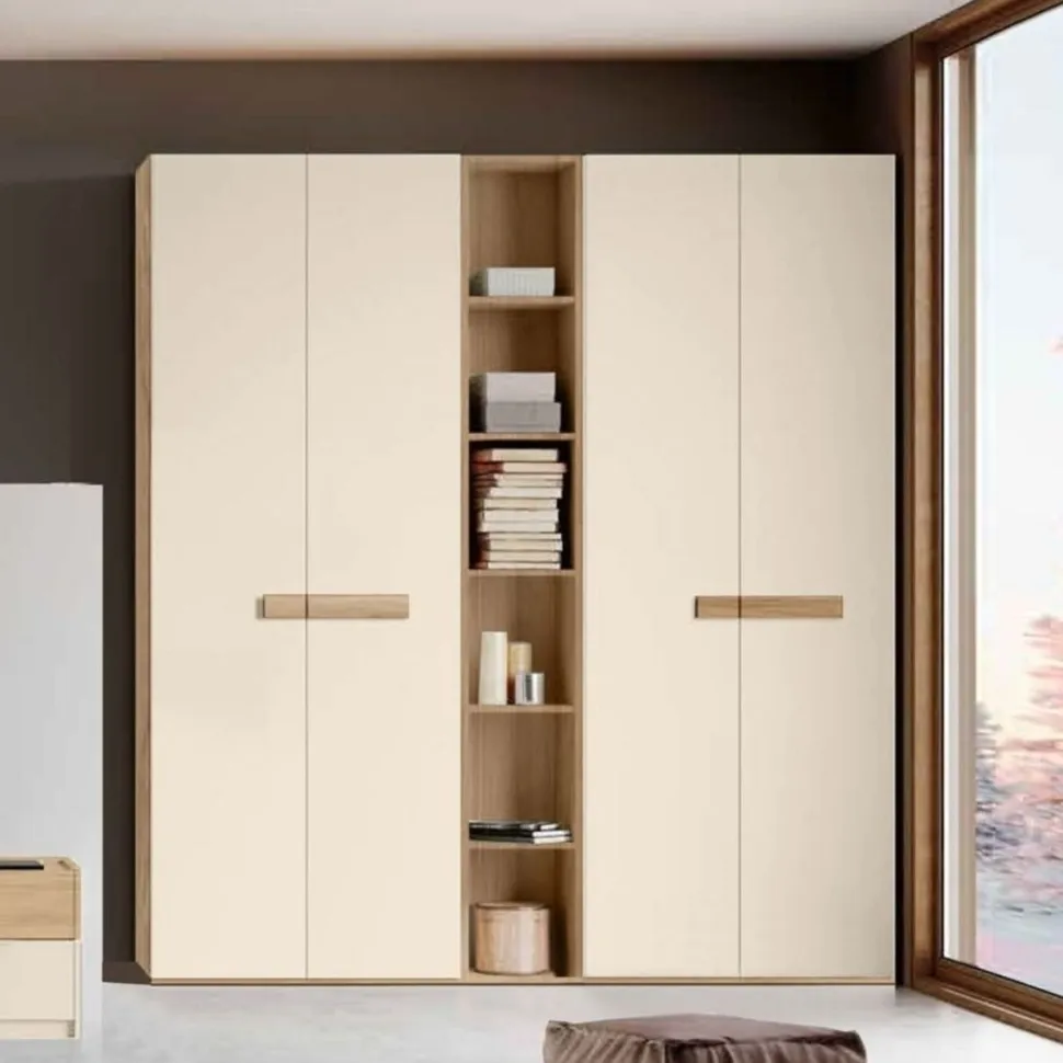 Armadio 4 ante battenti e libreria finitura Orzo e Rovere con maniglia in MDF disponibile in 2 misure e vari colori Fiona linea Bam