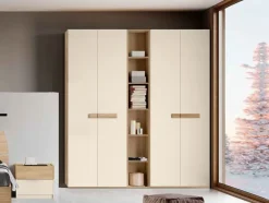 Armadio 4 ante battenti e libreria finitura Orzo e Rovere con maniglia in MDF disponibile in 2 misure e vari colori Fiona linea Bam