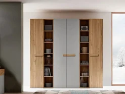 Armadio 4 ante battenti e 2 librerie finitura Rovere e Grigio con maniglia in MDF disponibile in 2 misure e vari colori Polly