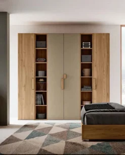 Armadio 4 ante battenti e 2 librerie finitura Rovere e Grigio con maniglia in MDF disponibile in 2 misure e vari colori Polly