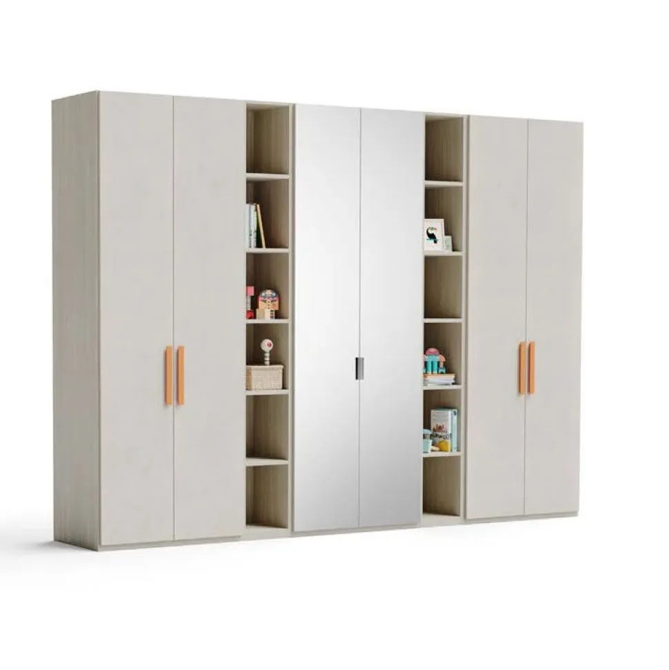 Armadio 6 ante battenti e 2 librerie frassino nuvola e avio