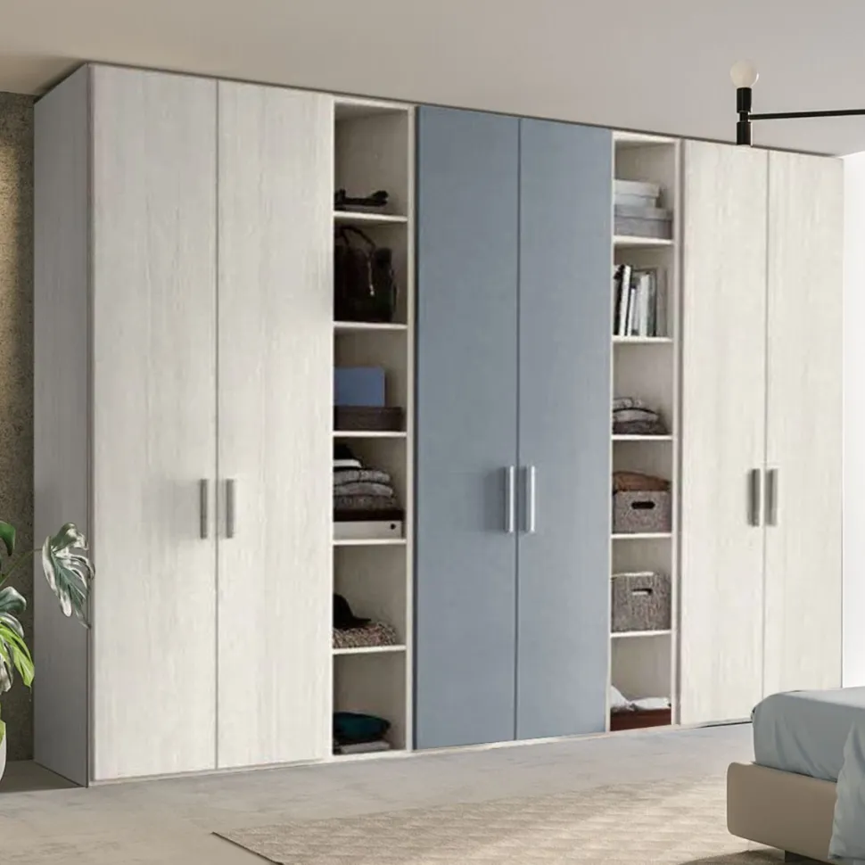 Armadio 6 ante battenti e 2 librerie frassino nuvola e avio