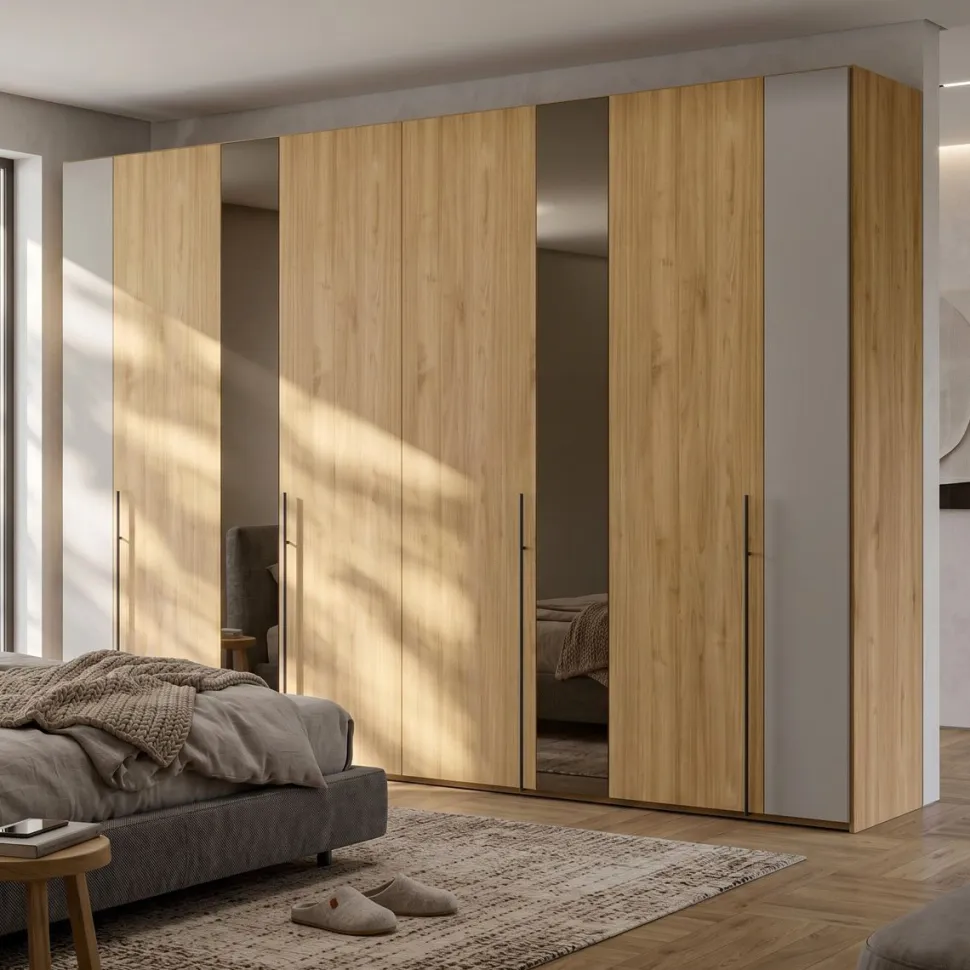 Armadio 8 ante battenti in Noce con inserti a Specchio disponibile in vari colori