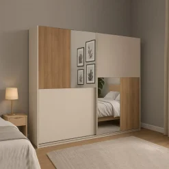 Armadio 2 ante scorrevoli con inserti a specchio Florie linea Chérie in finitura Cashmere e Rovere Mercure