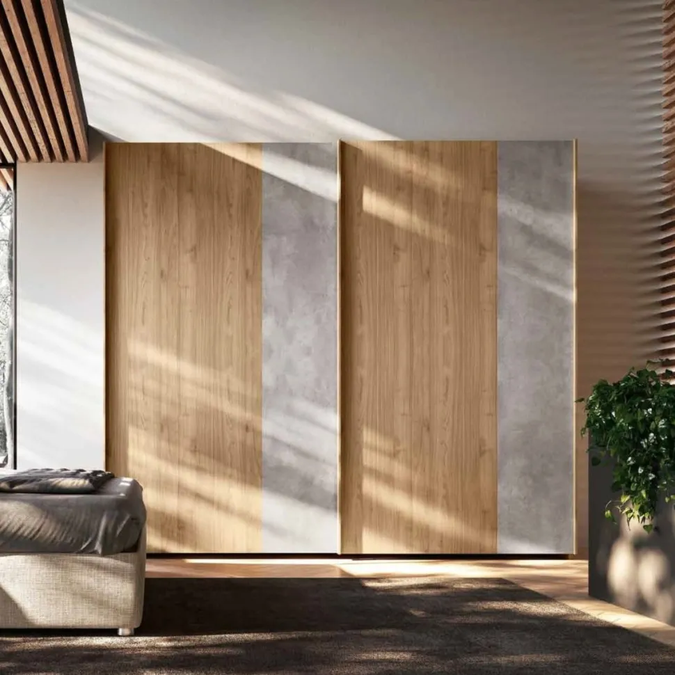 Armadio 2 ante scorrevoli in Noce Biondo e inserti Ardesia Cemento disponibile in vari colori