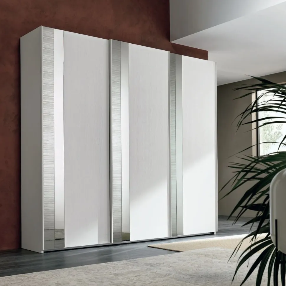 Armadio 3 ante scorrevoli Noce Bianco con inserti a specchio Amber linea Domino