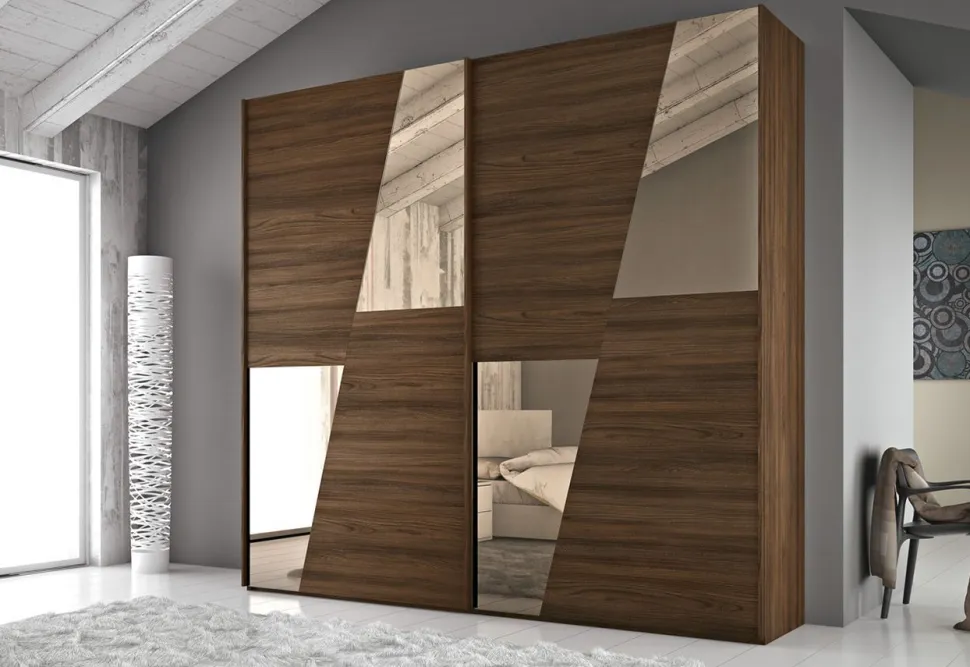 Armadio 2 ante scorrevoli Quercia Brown con inserti a specchio Bronzo Camilla linea Alba Notte