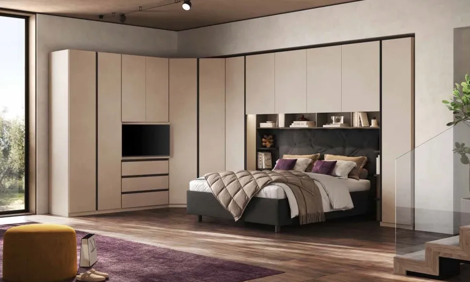 Armadio a ponte Angolare moderno con Vano TV e letto imbottito Serie Cheriè