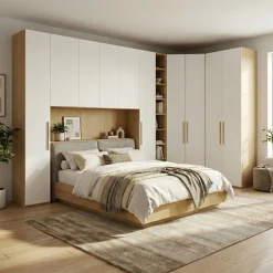 Armadio a ponte angolare moderno con Libreria in Bianco Opaco e Noce personalizzabile in vari colori