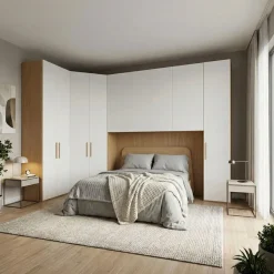 Armadio a ponte angolare moderno in Bianco Opaco e Noce personalizzabile in vari colori