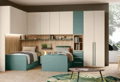 Armadio a ponte angolare salvaspazio con doppio letto contenitore in Noce biondo, Orzo e Verde salvia disponibile in 2 misure e vari colori