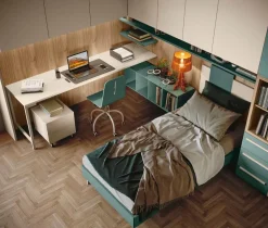 Armadio a ponte angolare salvaspazio con letto in Noce biondo, Orzo e Verde salvia disponibile in 2 misure e vari colori