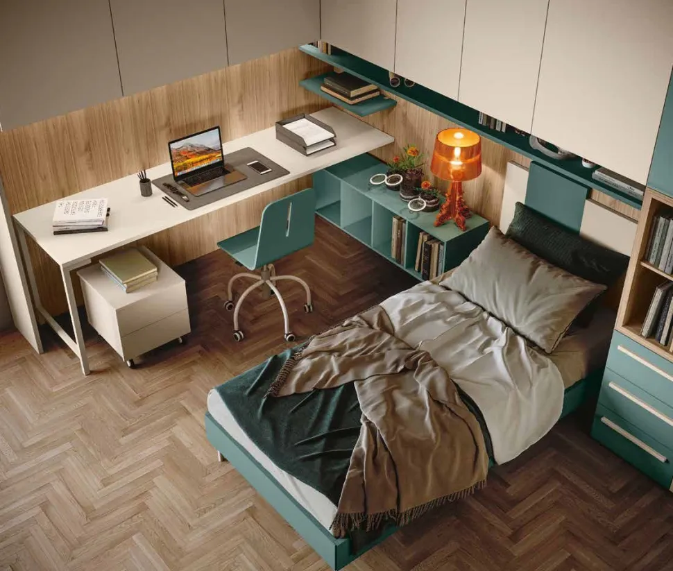 Armadio a ponte angolare salvaspazio con letto in Noce biondo, Orzo e Verde salvia disponibile in 2 misure e vari colori