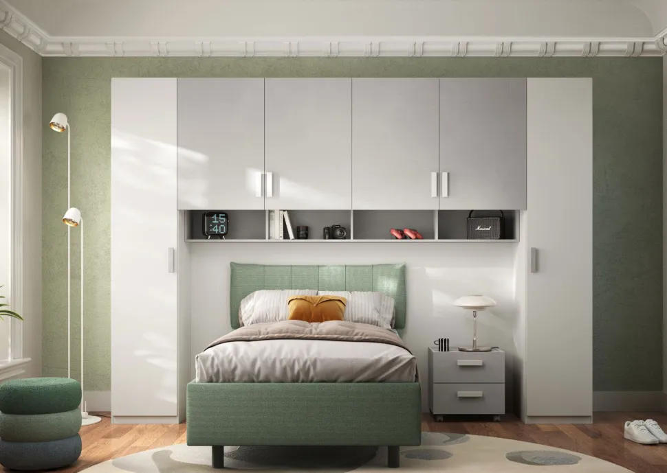 Armadio a ponte moderno Bianco Opaco e Gesso 6 ante battenti L 333