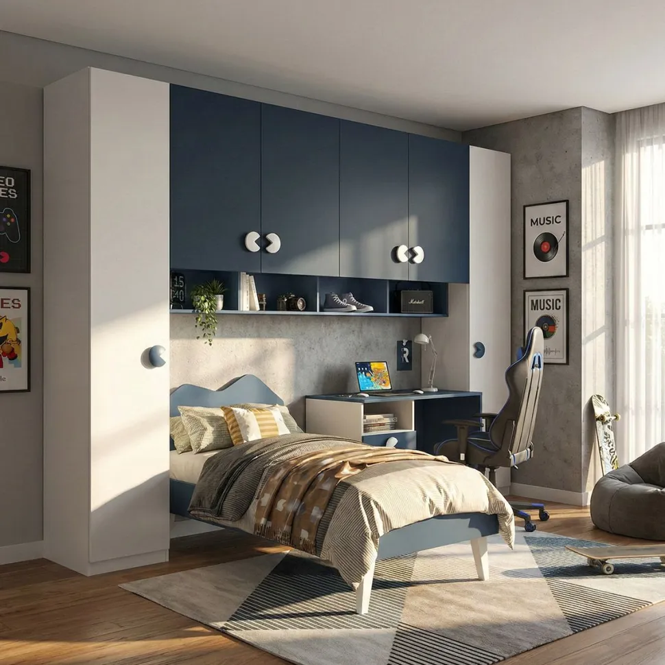 Armadio a ponte moderno Bianco Opaco e Blu Navy 6 ante battenti L 333
