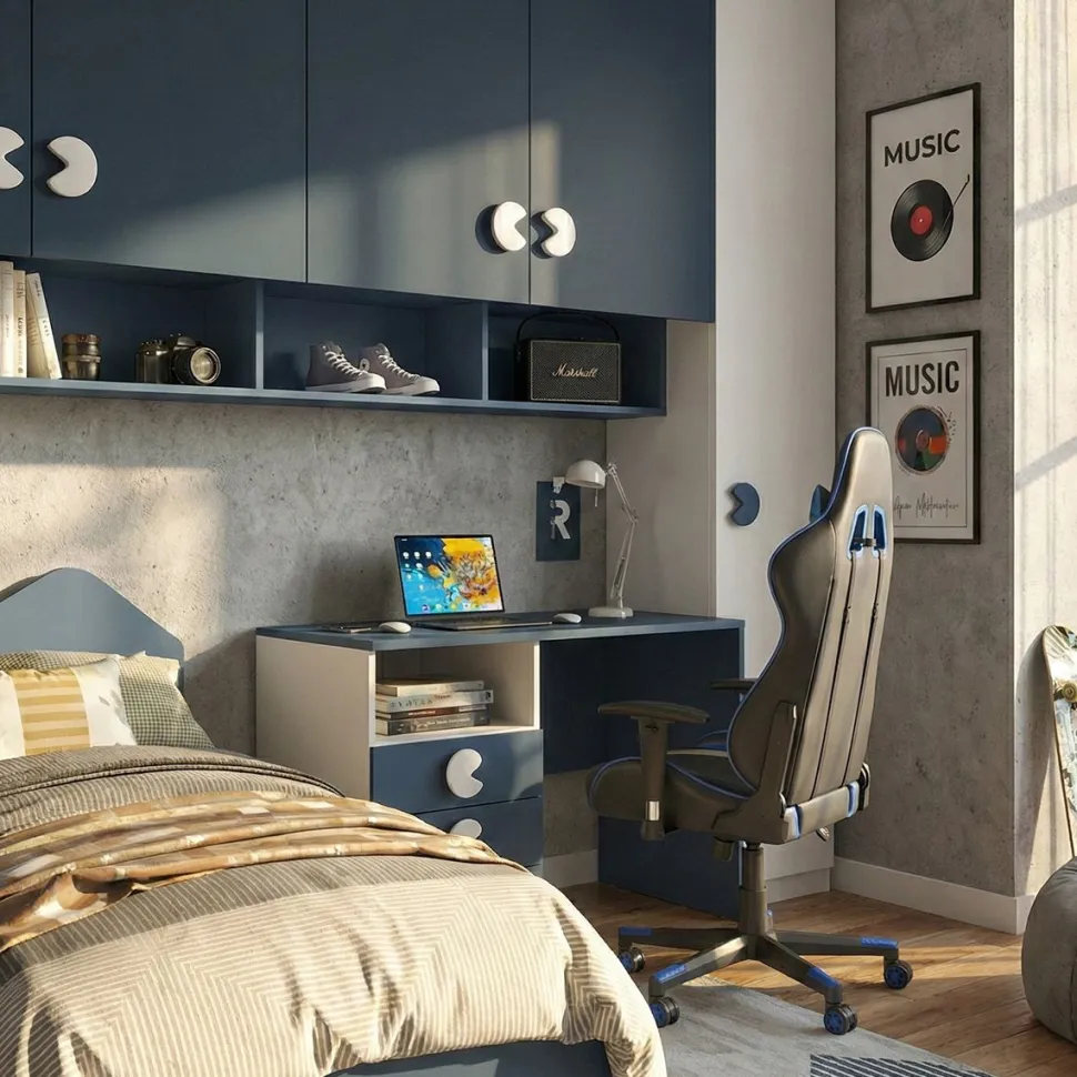 Armadio a ponte moderno Bianco Opaco e Blu Navy 6 ante battenti L 333