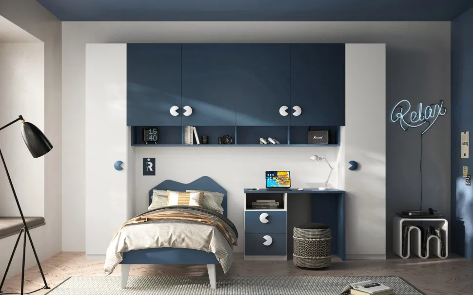 Armadio a ponte moderno Bianco Opaco e Blu Navy 6 ante battenti L 333