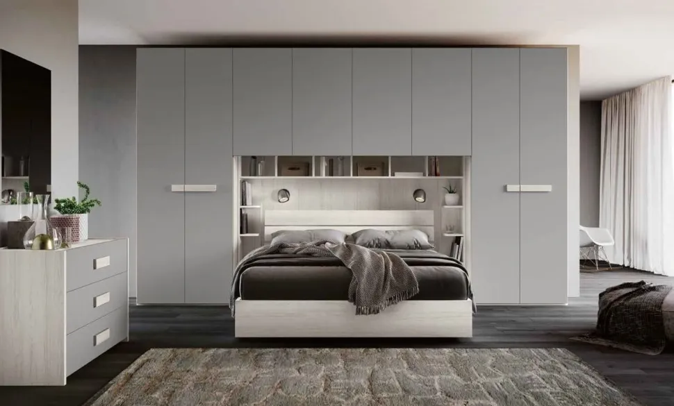 Armadio a ponte moderno con ante battenti Bianco e Grigio cenere L 410 e maniglie in MDF disponibile in 2 misure e vari colori