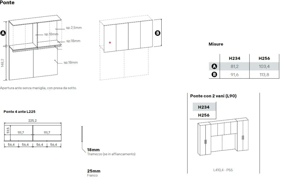 Armadio a ponte moderno con ante battenti Bianco e Grigio cenere L 410 e maniglie in MDF disponibile in 2 misure e vari colori