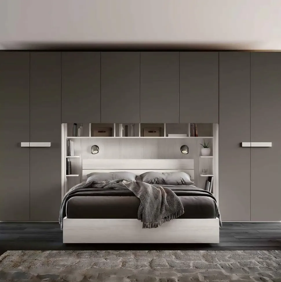 Armadio a ponte moderno con ante battenti Bianco e Grigio cenere L 410 e maniglie in MDF disponibile in 2 misure e vari colori