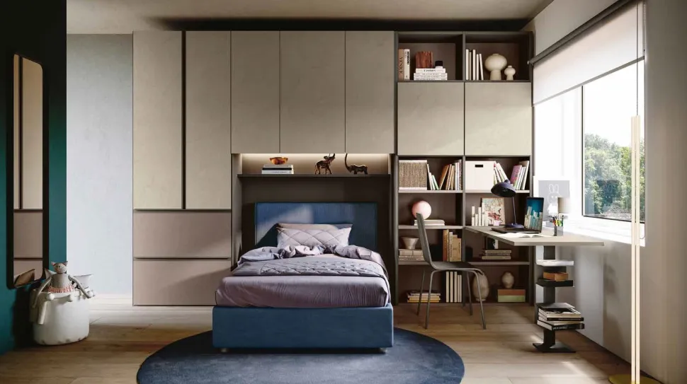 Armadio a ponte salvaspazio con libreria in Argilla, Bronzo e Grigio cenere disponibile in 2 misure e vari colori