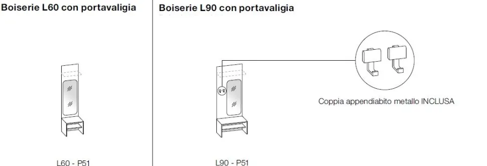 Armadio battente 2 ante con Boiserie con specchio finitura Rovere disponibile in 2 misure e vari colori linea Bam