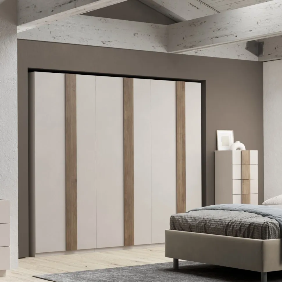 Armadio battente componibile con maniglia a tutta altezza in finitura Cashmere e Rovere Mercure disponibile in 5 misure