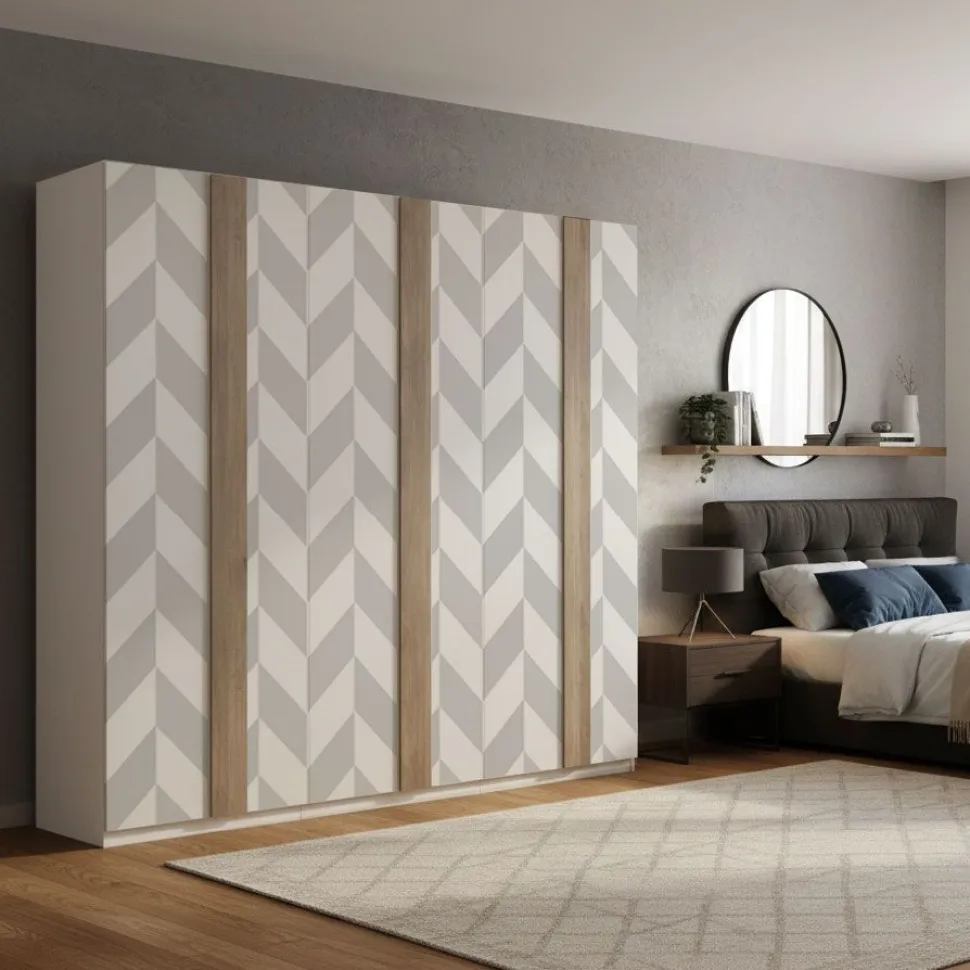 Armadio battente componibile con maniglia a tutta altezza in finitura Cashmere e Rovere disponibile in 5 misure con grafica
