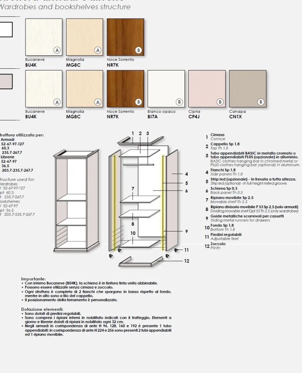 Armadio battente con libreria e 7 ante con telaio Style linea Ginevra disponibile in 2 misure e vari colori