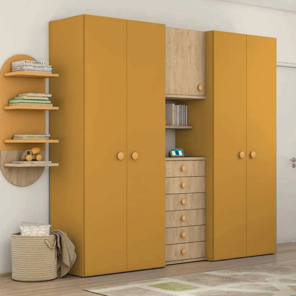 Armadio battente con modulo centrale con cassetti disponibile in 2 misure e 13 colori