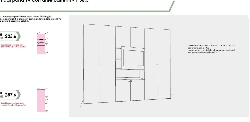 Armadio battente con vano centrale porta tv disponibile in 2 misure e 13 colori
