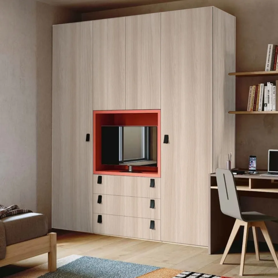 Armadio battente con Vano Porta TV, Bronzo, Noce e Rosso Corallo moderno e funzionale disponibile in 2 misure e vari colori