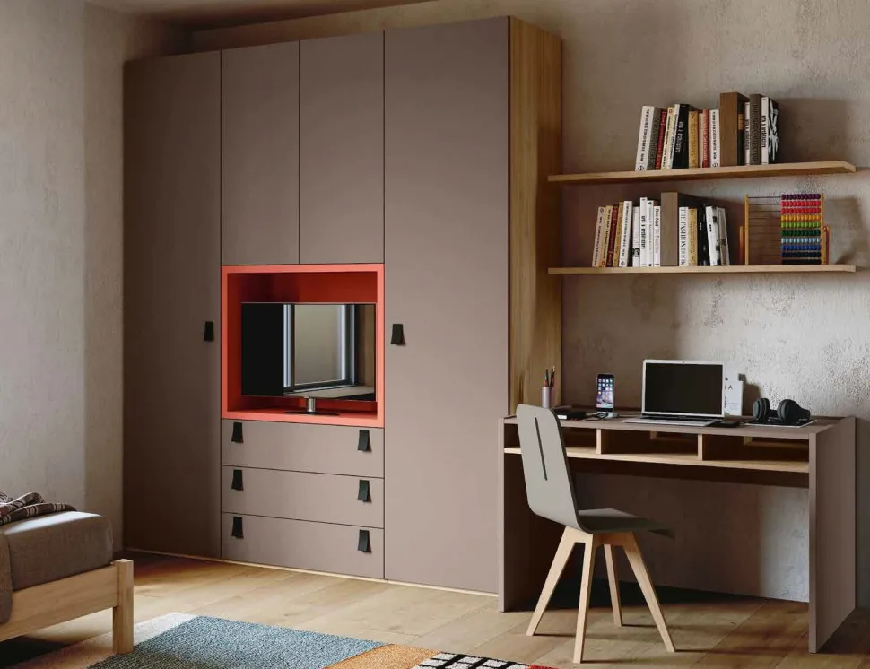 Armadio battente con Vano Porta TV, Bronzo, Noce e Rosso Corallo moderno e funzionale disponibile in 2 misure e vari colori