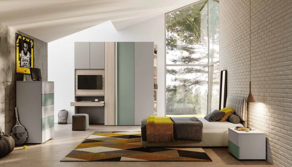 Armadio battente moderno con vano Tv e scrittoio estraibile verde Agave, Grigio seta e Olmo natura