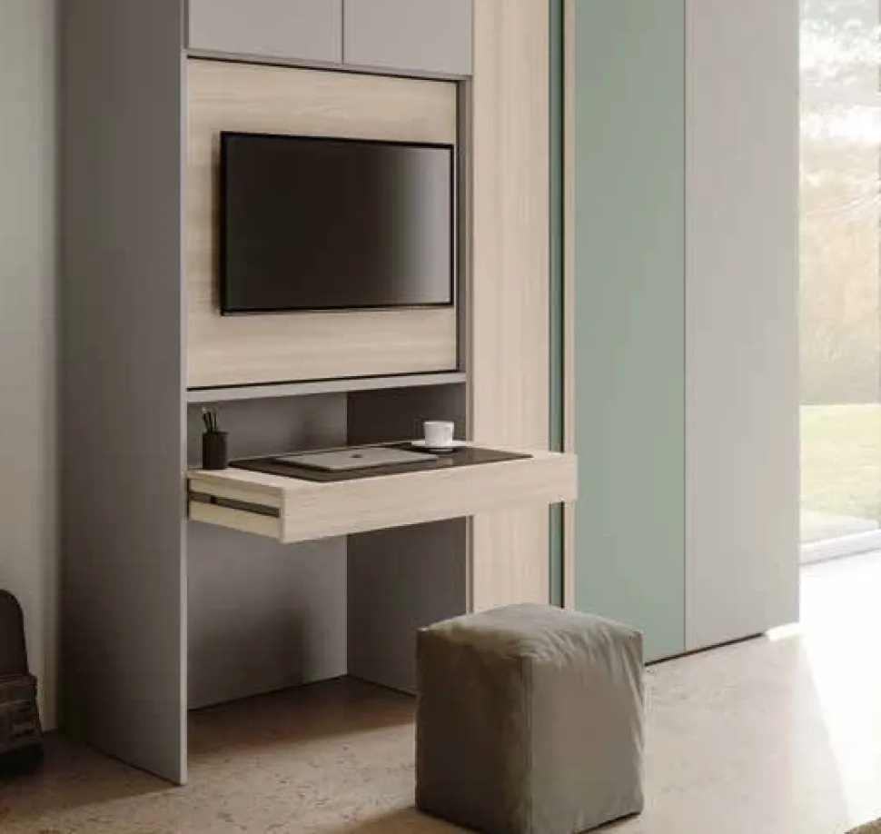 Armadio battente moderno con vano Tv e scrittoio estraibile verde Agave, Grigio seta e Olmo natura