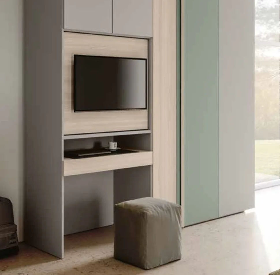 Armadio battente moderno con vano Tv e scrittoio estraibile verde Agave, Grigio seta e Olmo natura
