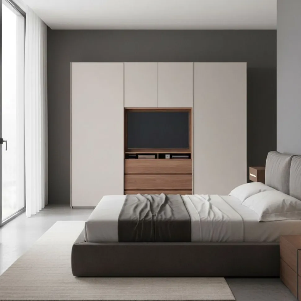 Armadio con ante scorrevoli e vano tv linea Domino disponibile in vari colori