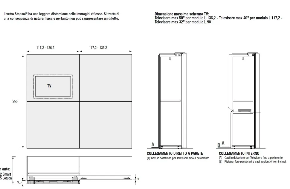 Armadio con predisposizione per TV 2 ante scorrevoli con anta a specchio disponibile in varie misure e colori