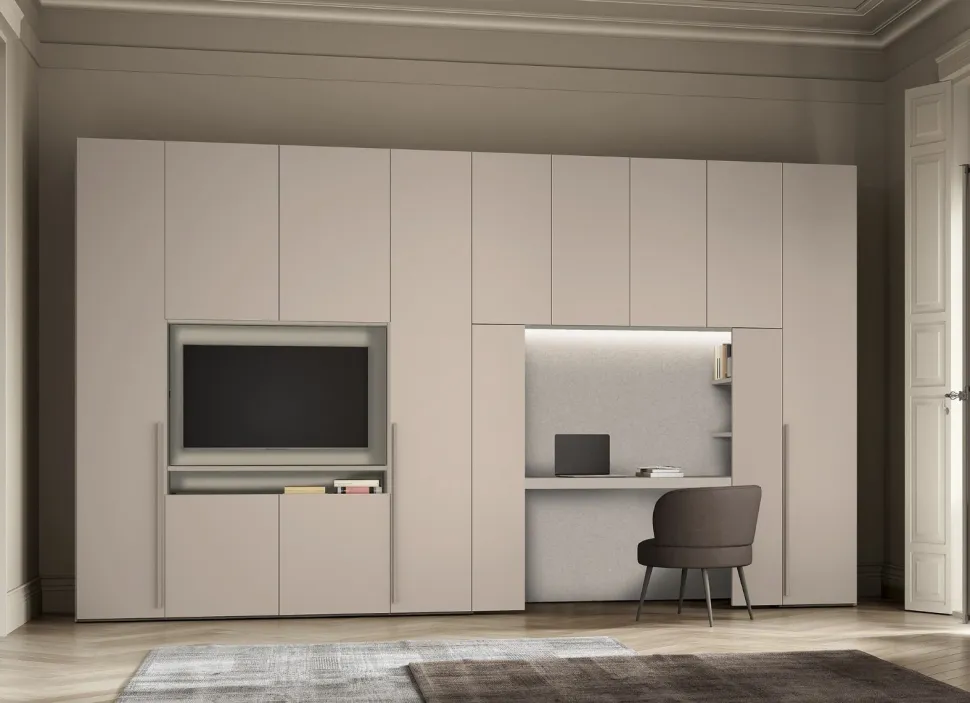 Armadio con scrivania e vano Tv 11 ante battenti linea Lotto disponibile in 2 misure e 20 colorazioni