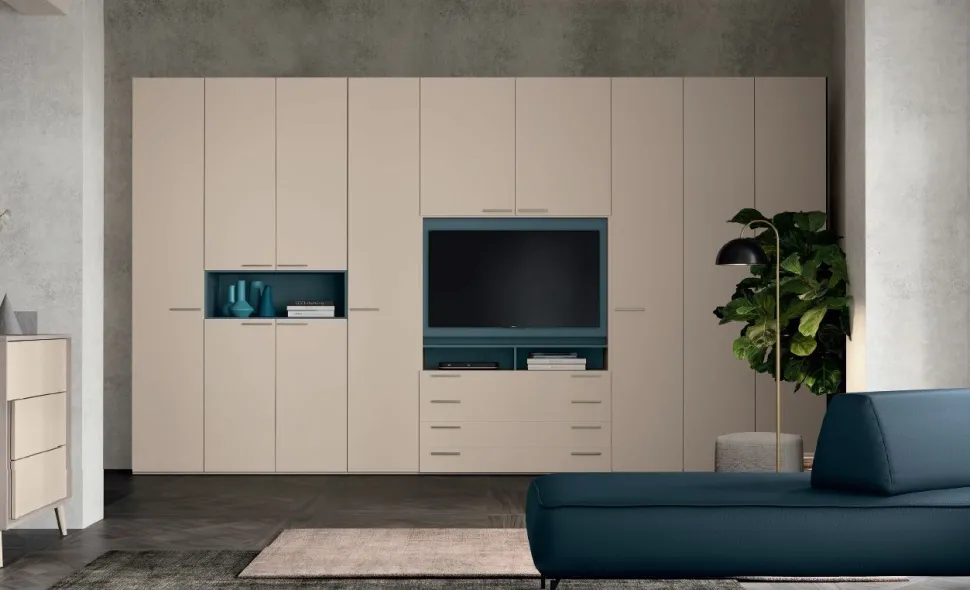 Armadio con vano tv 11 ante battenti e 4 cassetti Alex linea Lotto disponibile in 21 colorazioni