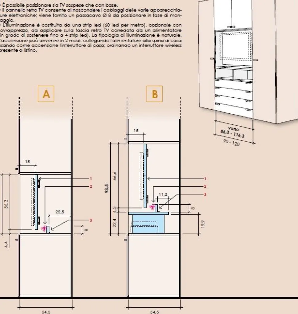 Armadio con vano tv 5 ante battenti e 4 cassetti Iago linea Airone